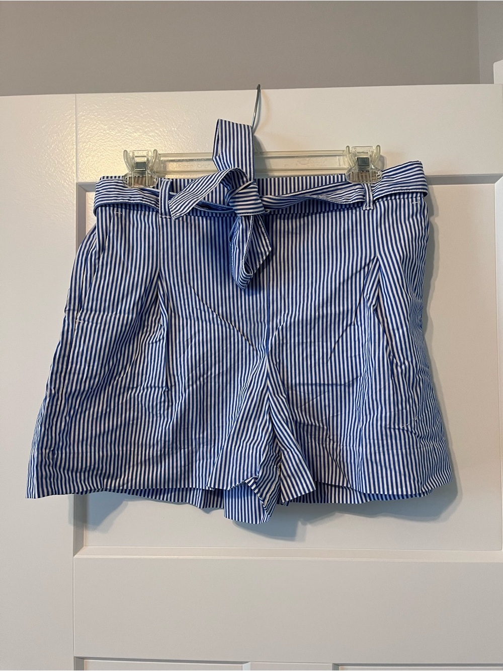 J. Crew Blue and White Striped High-Waist Paperbag Shorts